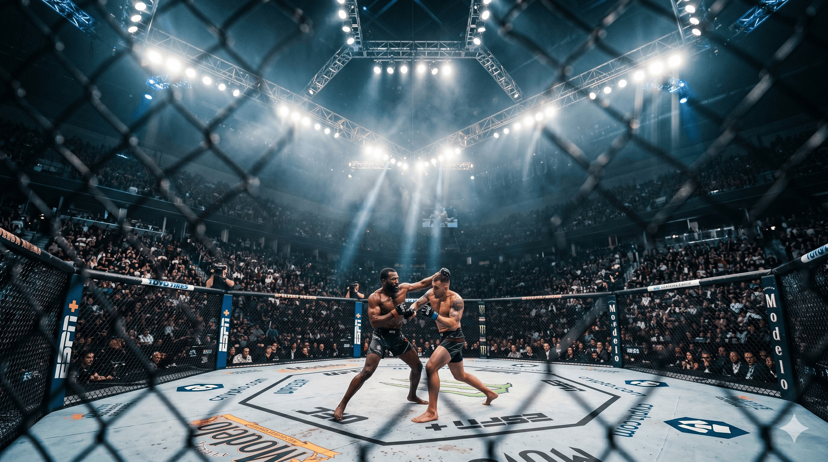 Intense dramatic shot of two MMA fighters in an octagon under harsh stadium lighting